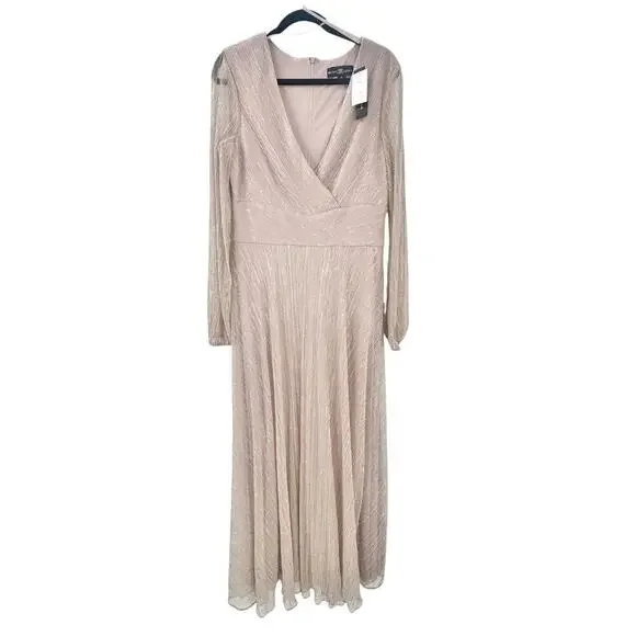 Betsy & Adam Champagne Metallic Long Sleeve Gown Size 16 NWT